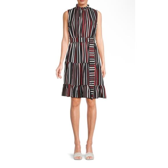 Area Stars Striped Belted Tiered Dress L Midi Holiday Party Workwear Sleeveless - Picture 1 of 6